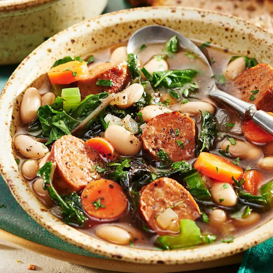 Image - Vegan Sausage and White Bean Soup with Swiss Chard