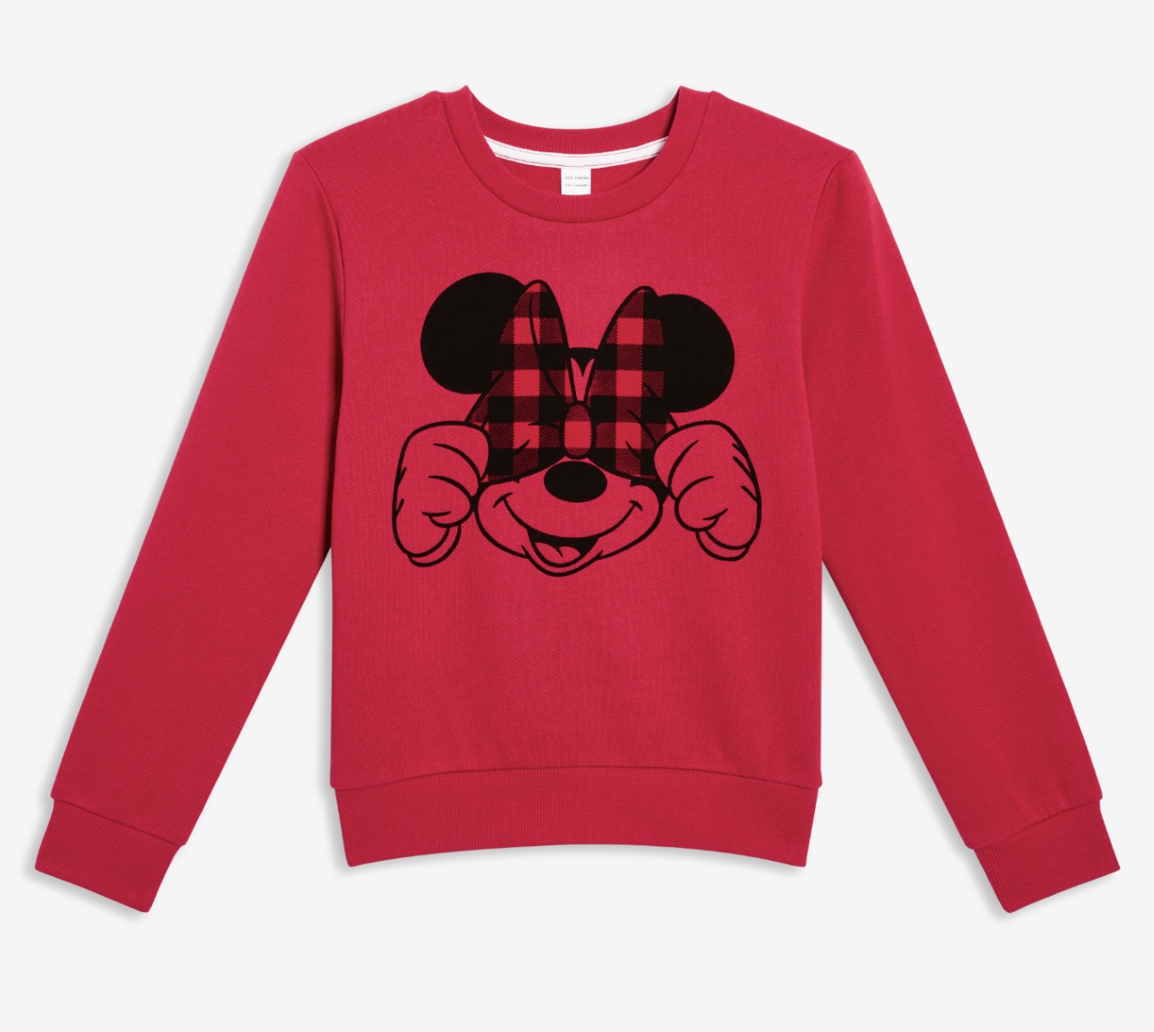Red Mickey Mouse sweatshirt.