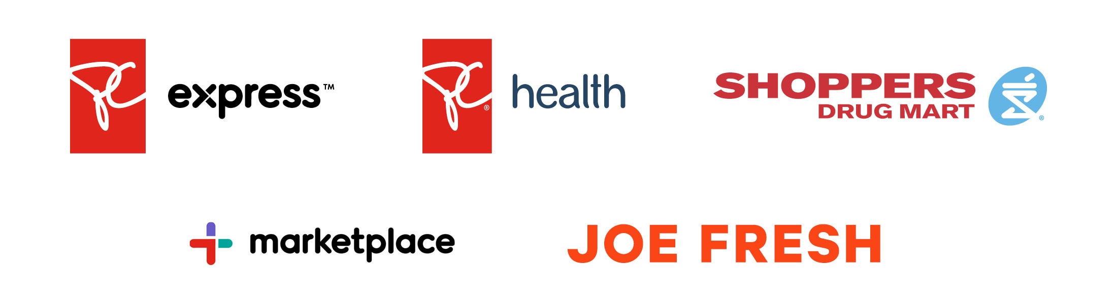 PC Express, PC Health, Shoppers drug mart, Marketplace, Joe Fresh logos