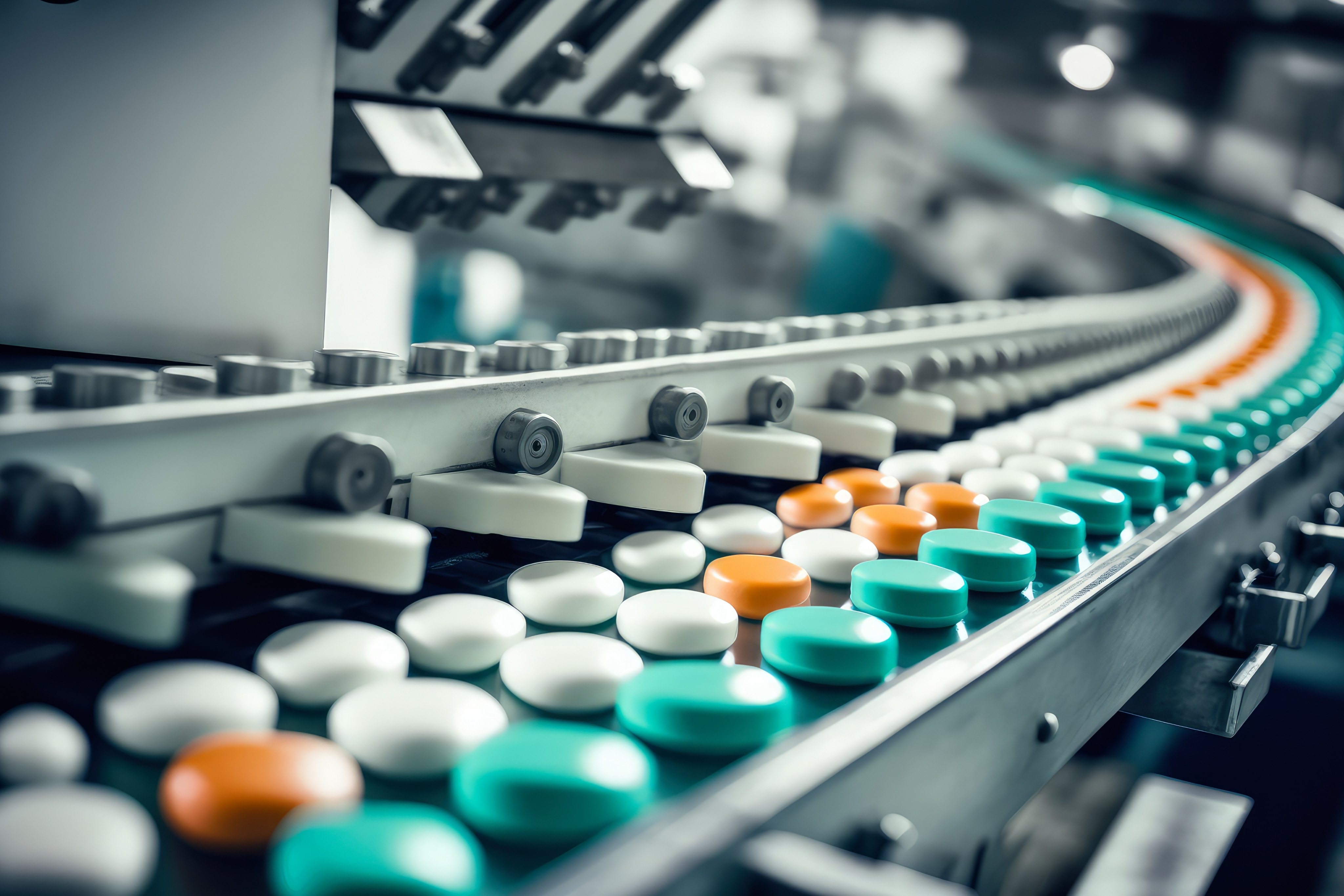 A machine is making pills of different colours, including white, orange, and green. 