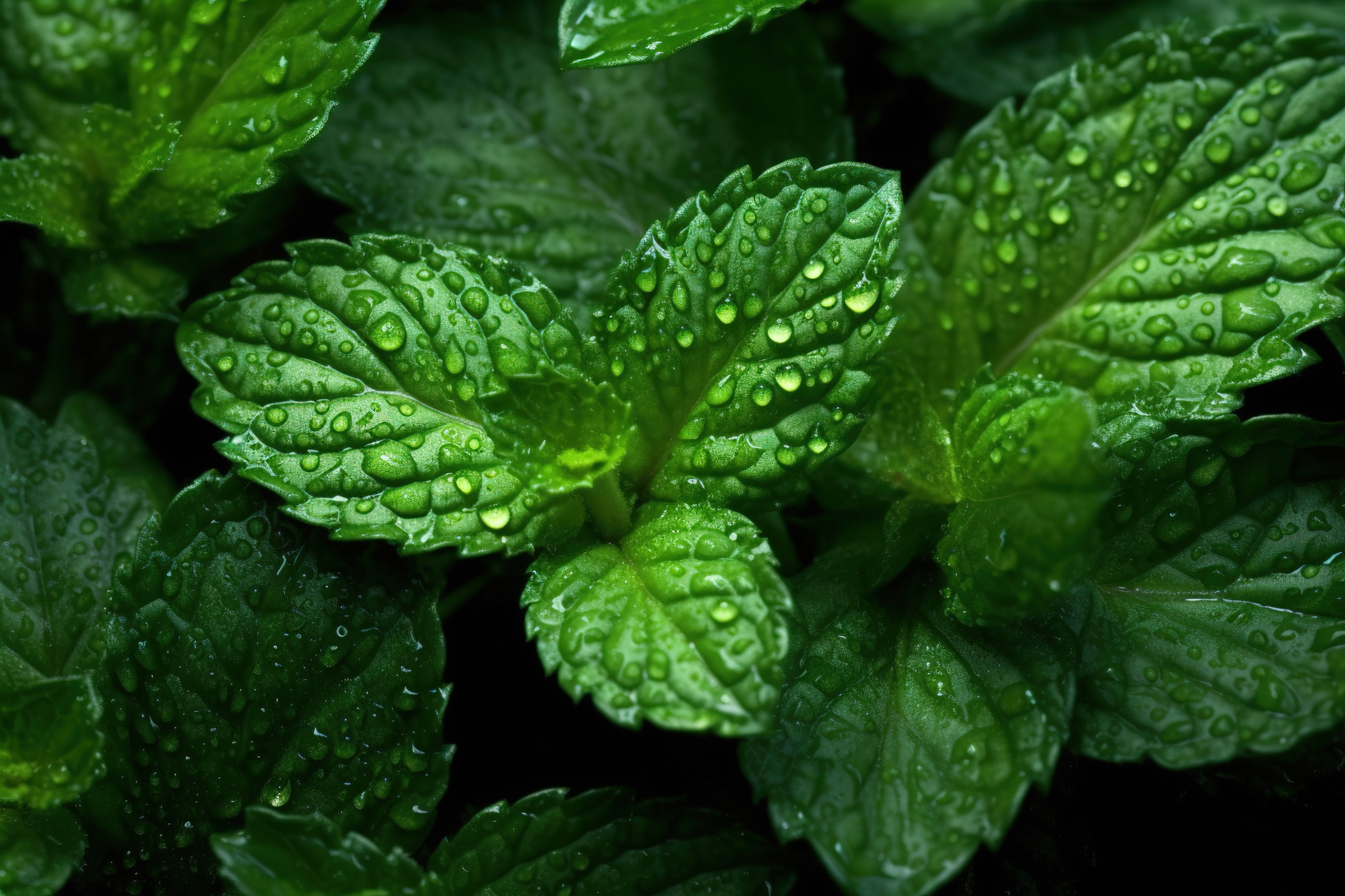 Green leafy plants are covered in water droplets.