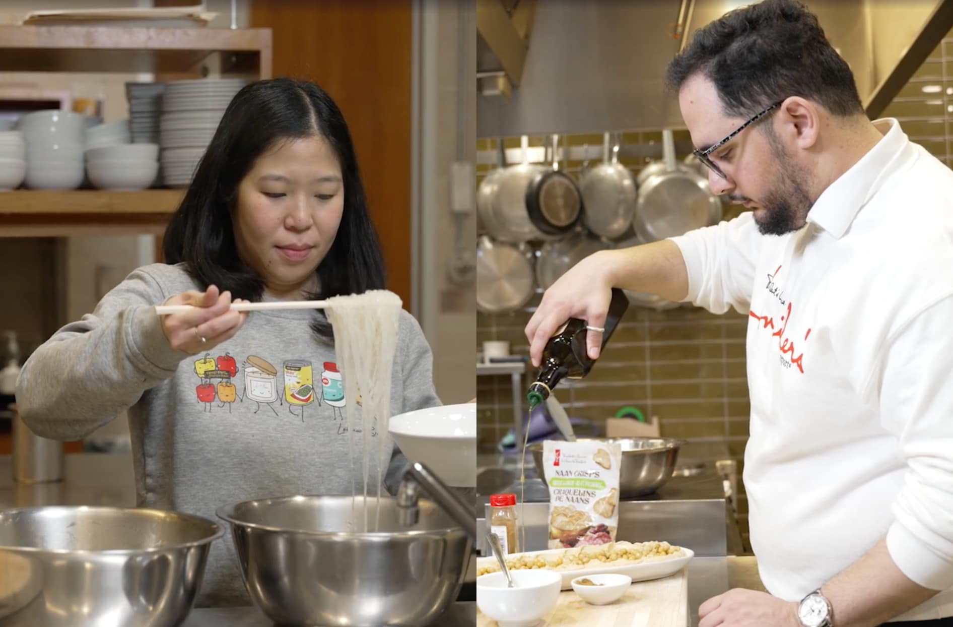 Product develops, Stephanie Handy and Malek El-Aooiti, preparing a dish for Asian heritage month.