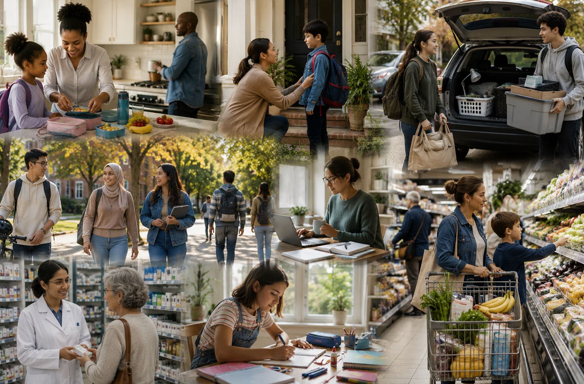 A collage of families, students and adult professionals getting back into routine for the fall season. 