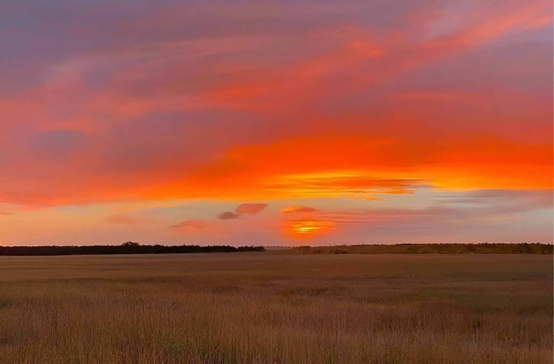 A photo of a sunset in the prairies at dusk
