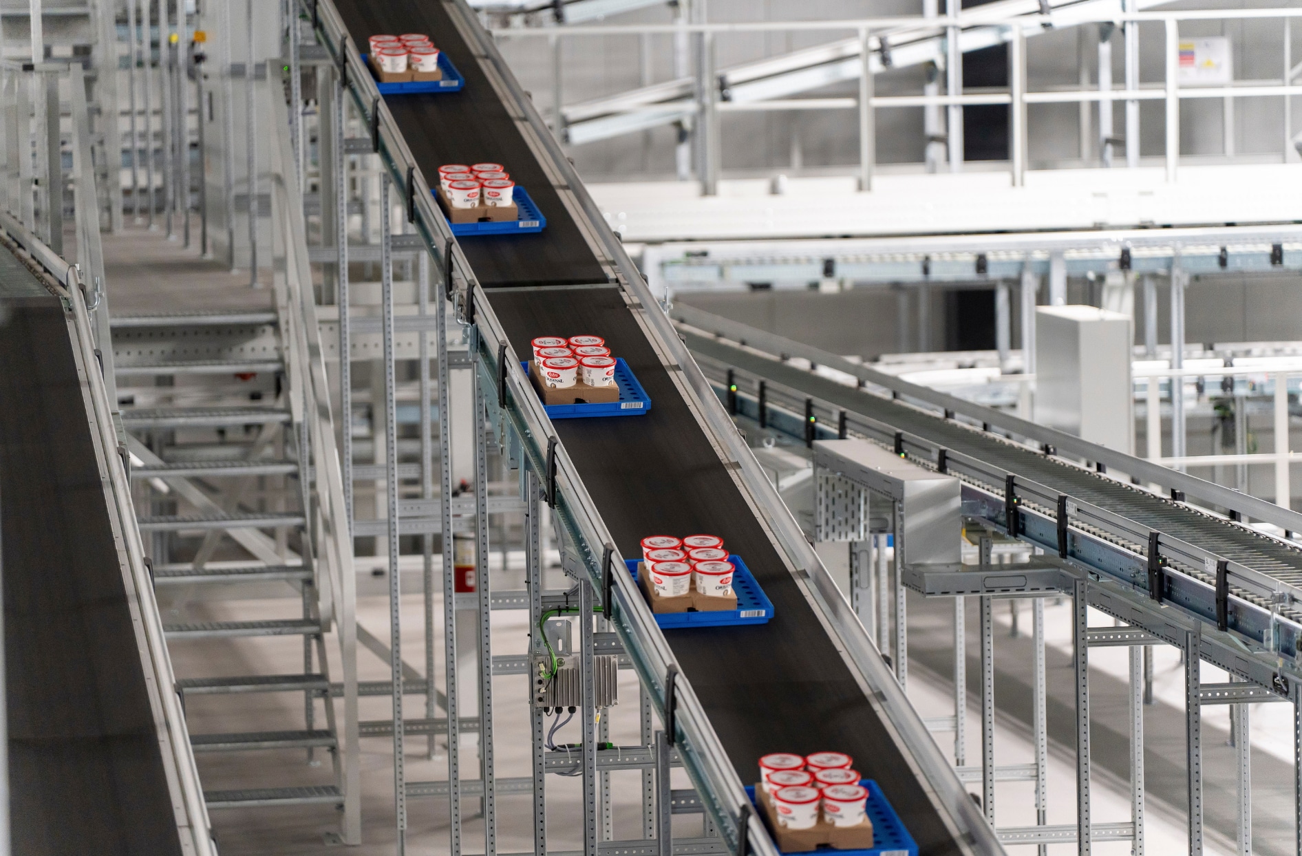 Trays of packaged products travel along automated conveyor belts inside a distribution centre.