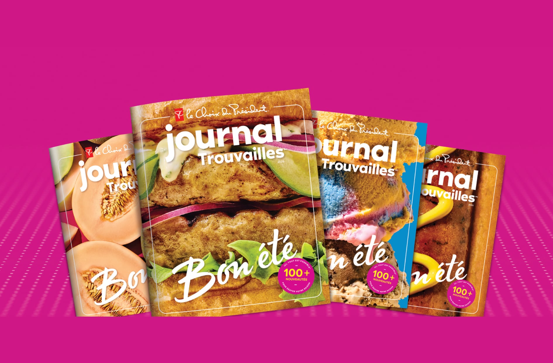 Quatre couvertures du Rapport Insiders de l’été 2026 du Choix du Président présentant des aliments de saison, sur un fond rose vif.