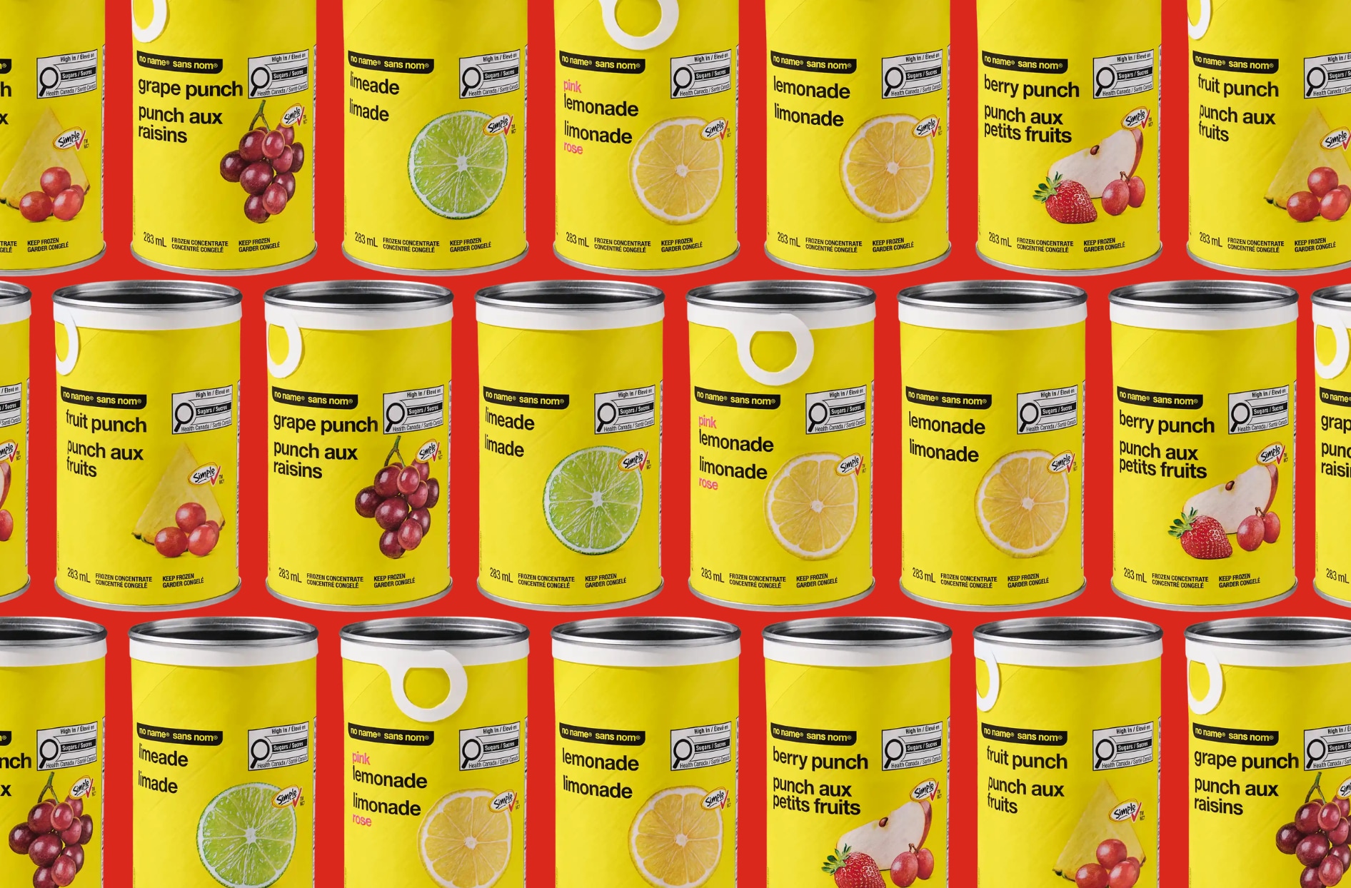 No Name frozen juice concentrate cans in assorted flavours. 