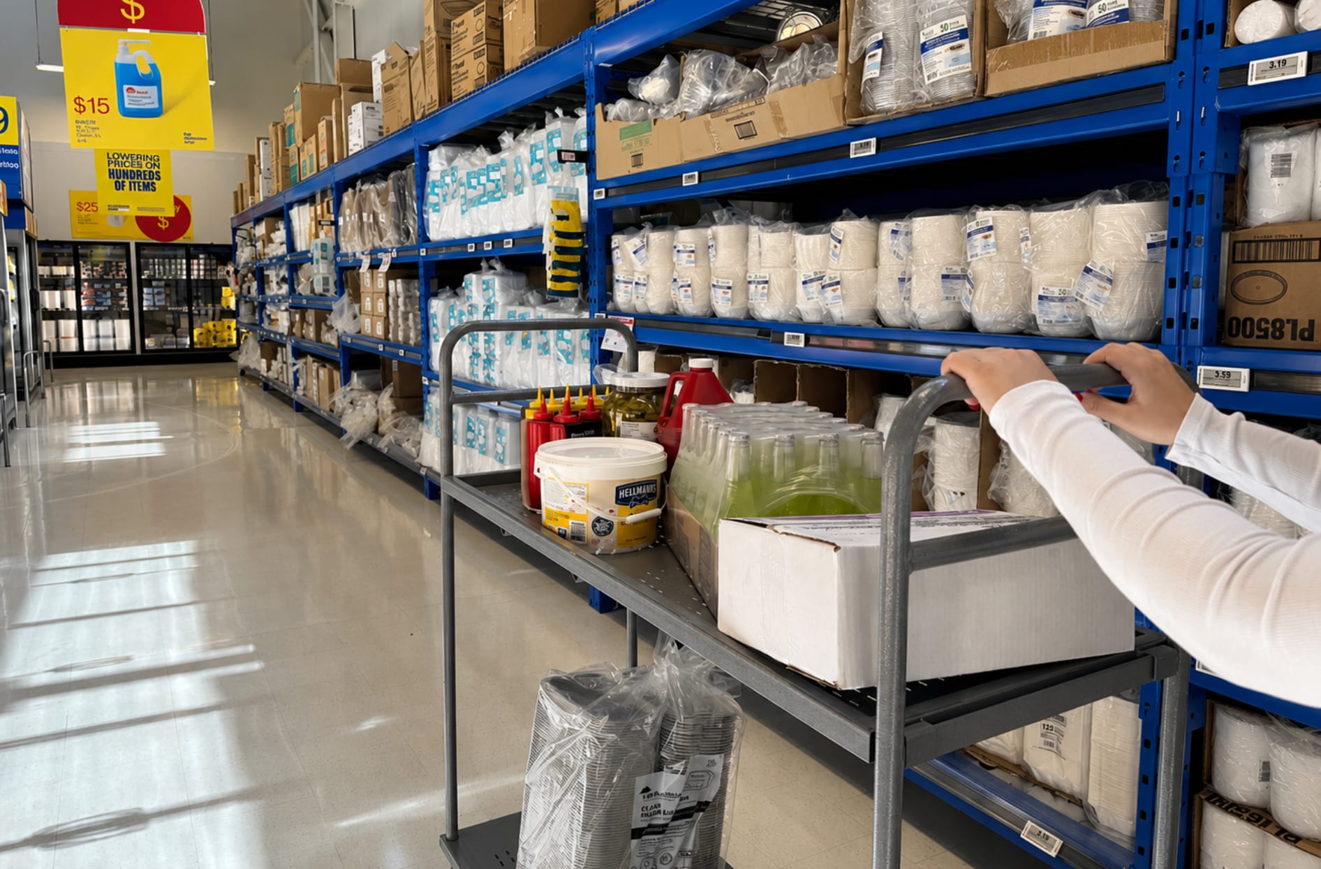 A customer pushes a cart through a Wholesale grocery store aisle. 
