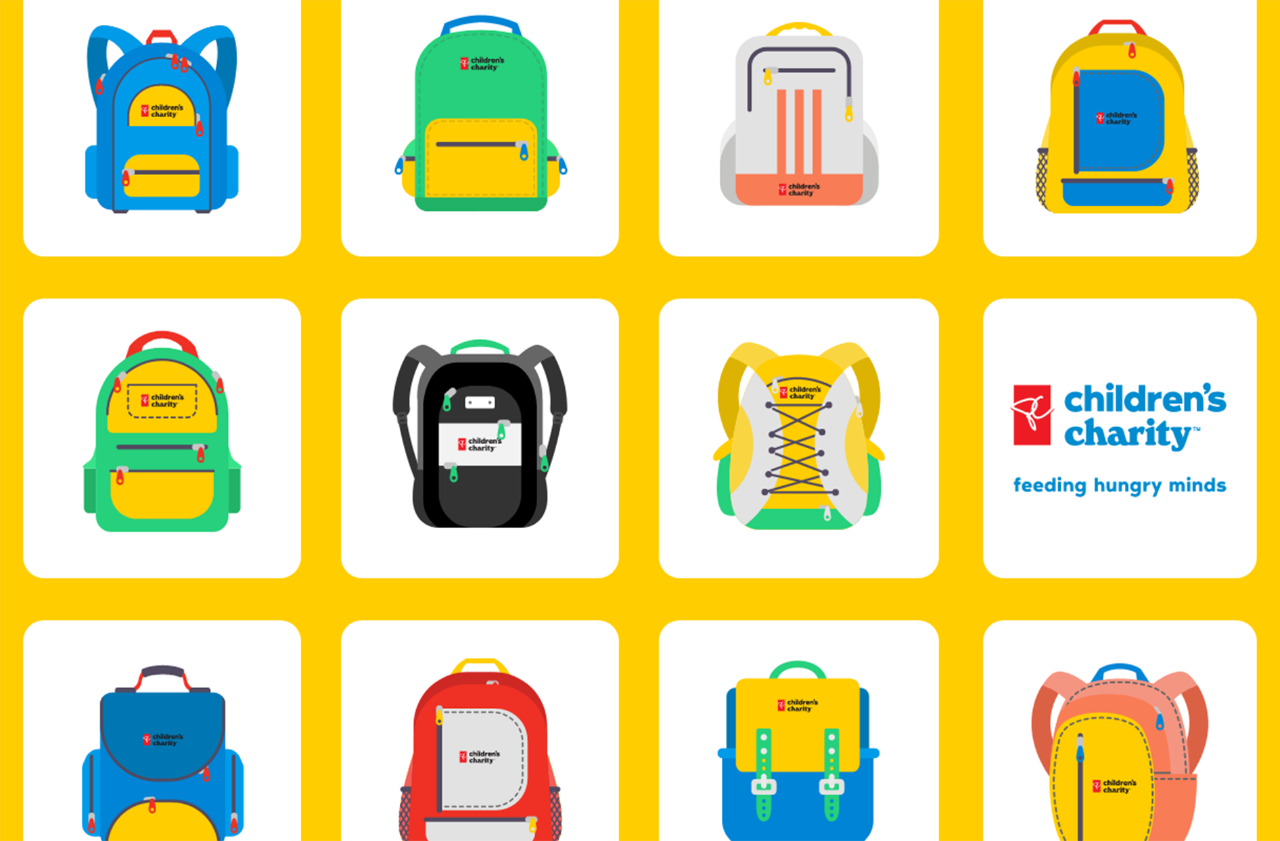 Gallery of animated backpacks adorned with PC Children’s Charity logos 