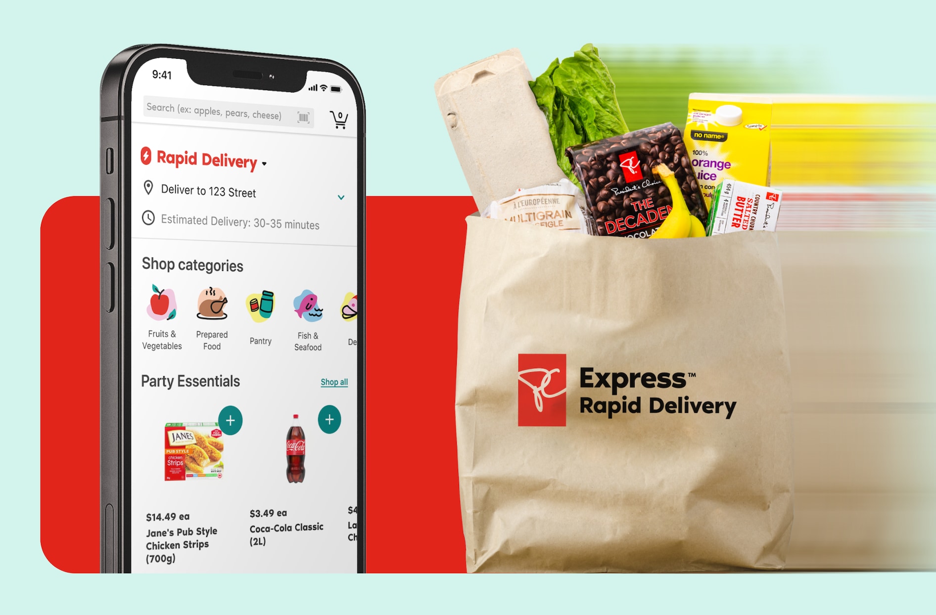 A photo of a phone with the PC Express app displayed. A grocery bag is also displayed next to the phone.
