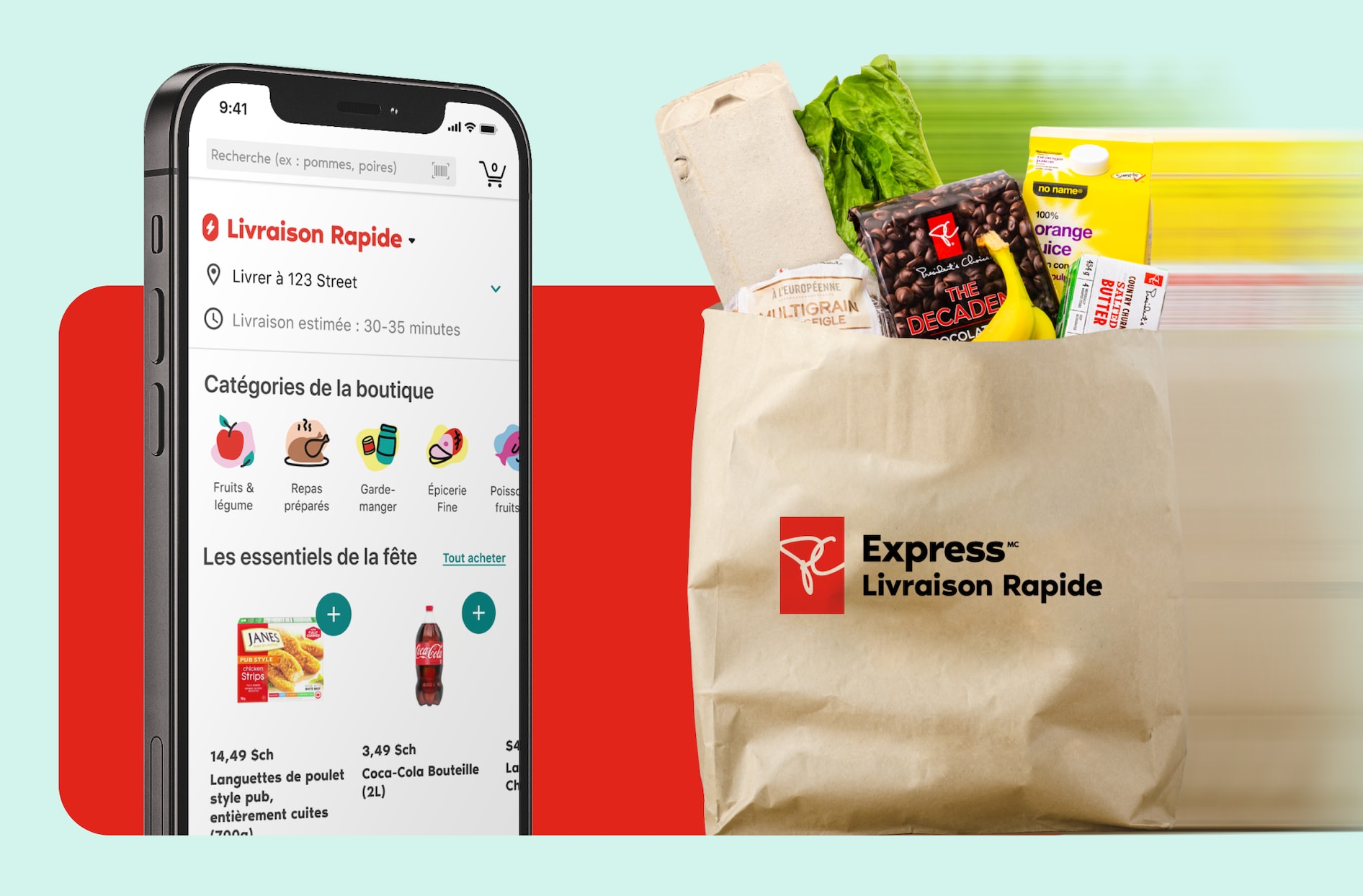 Une photo d’un téléphone avec l’appli PC Express affichée. Un sac d’épicerie est également affiché à côté du téléphone.
