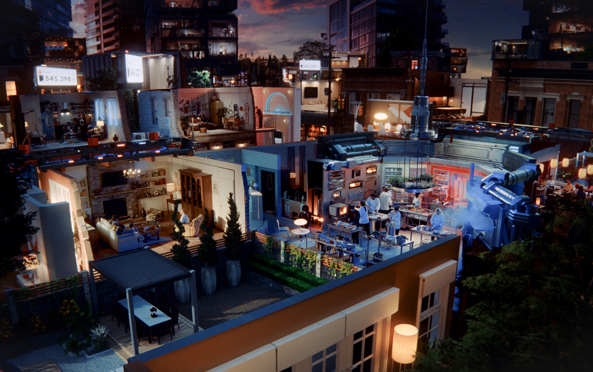 An aerial view of inside an apartment building with rooms and people living inside of them. 