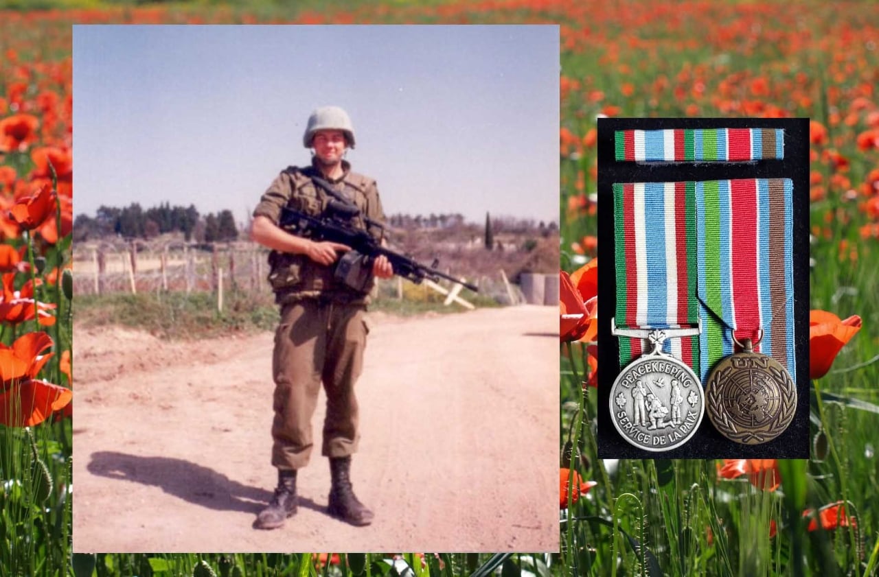 Scott poses in uniform while on a peacekeeping mission and the two medals he earned on that tour