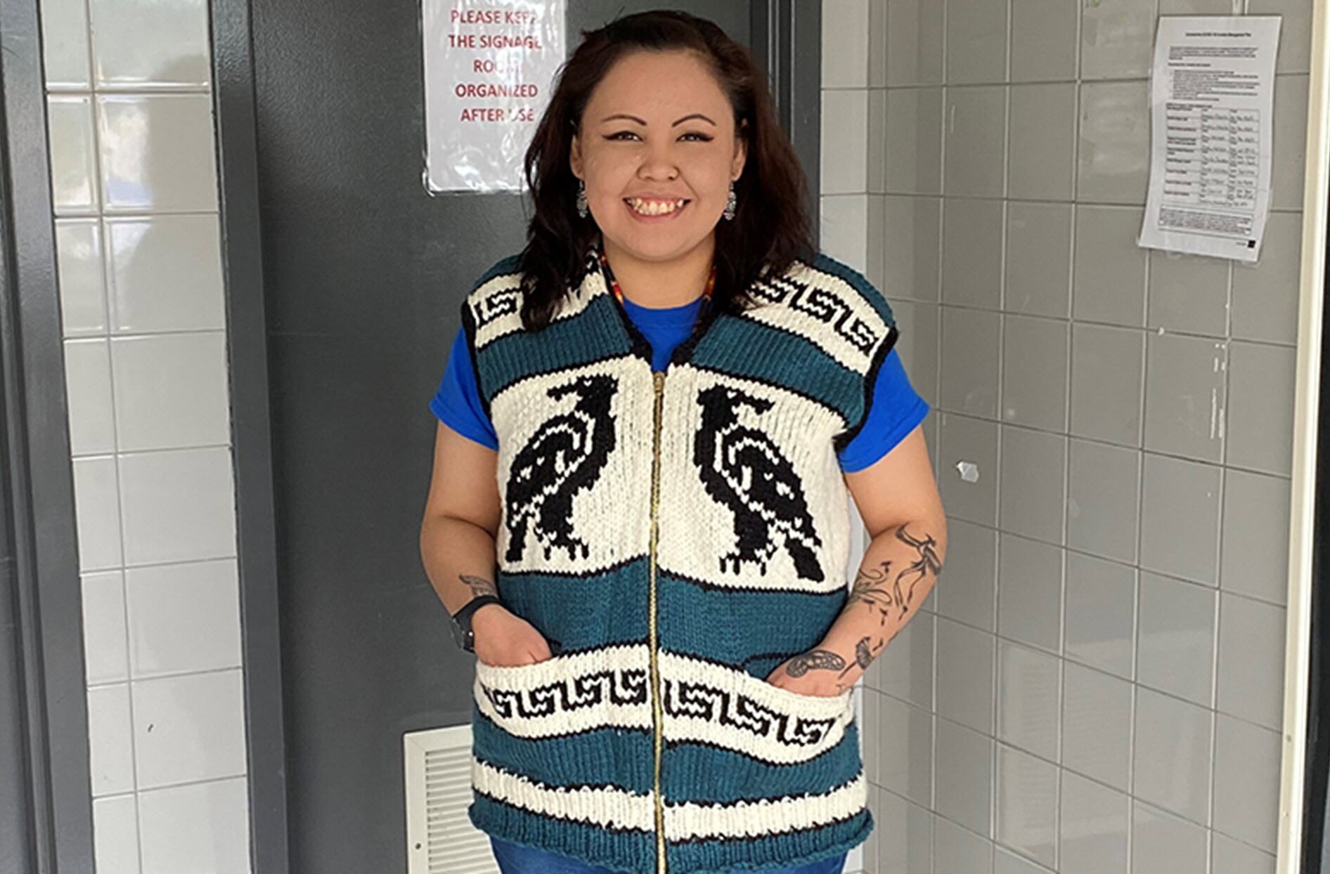Roseanna wearing a traditional Cowichan knit vest