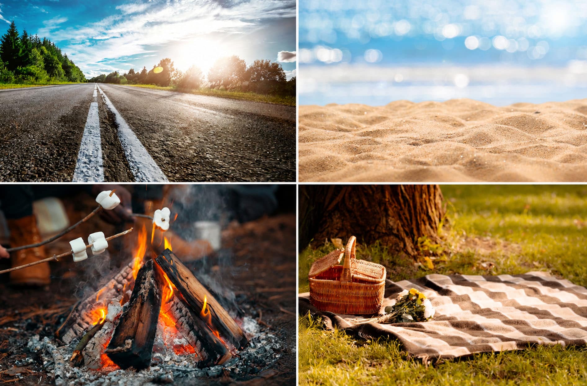 A four-panel summer collage showing an open road at sunrise, a sandy beach by the water, marshmallows roasting over a campfire, and a picnic blanket with a basket under a tree. 