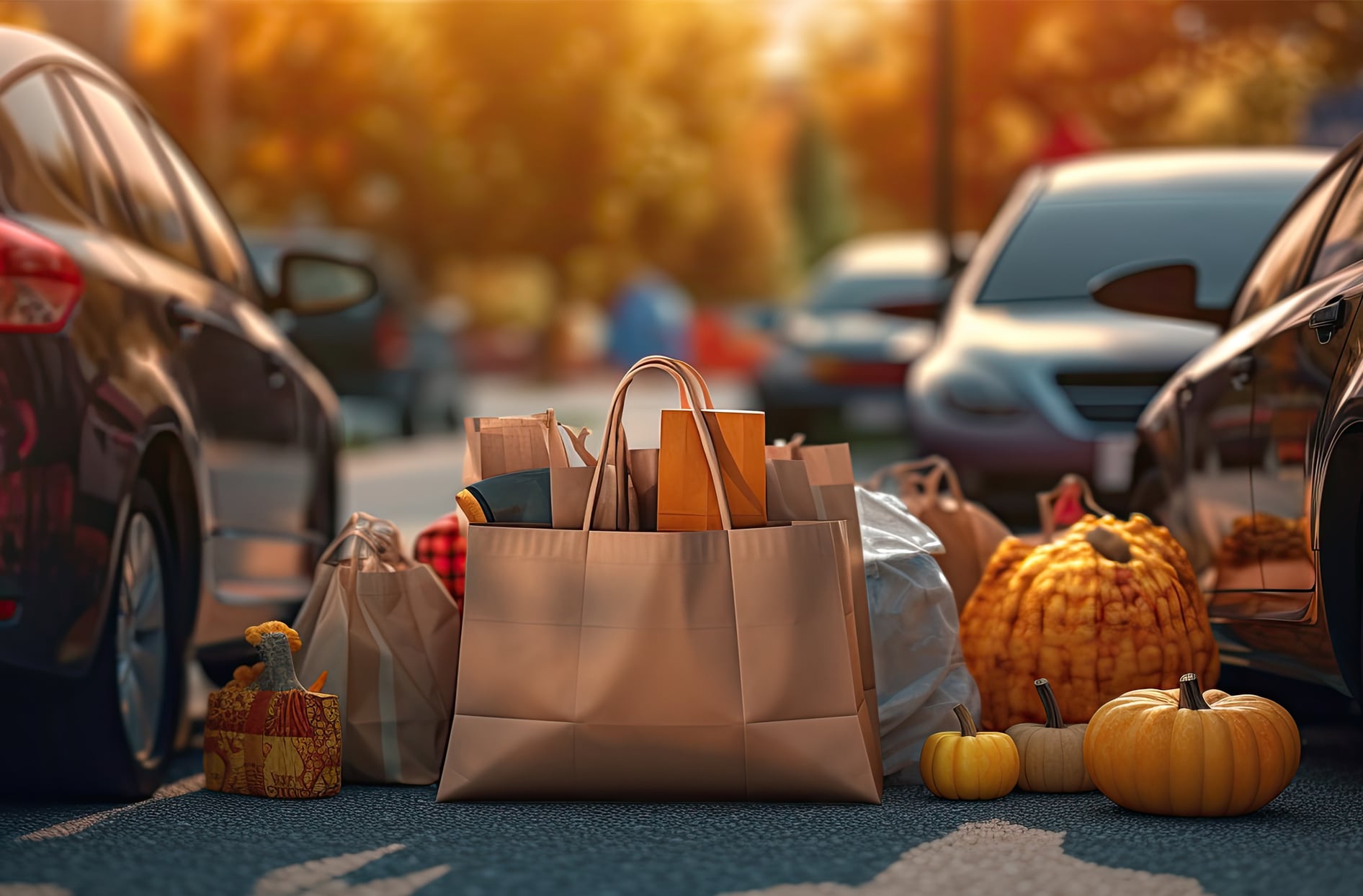 Fall coloured shopping bags and pumpkins sitting on the ground in between parked cars in a parking lot.