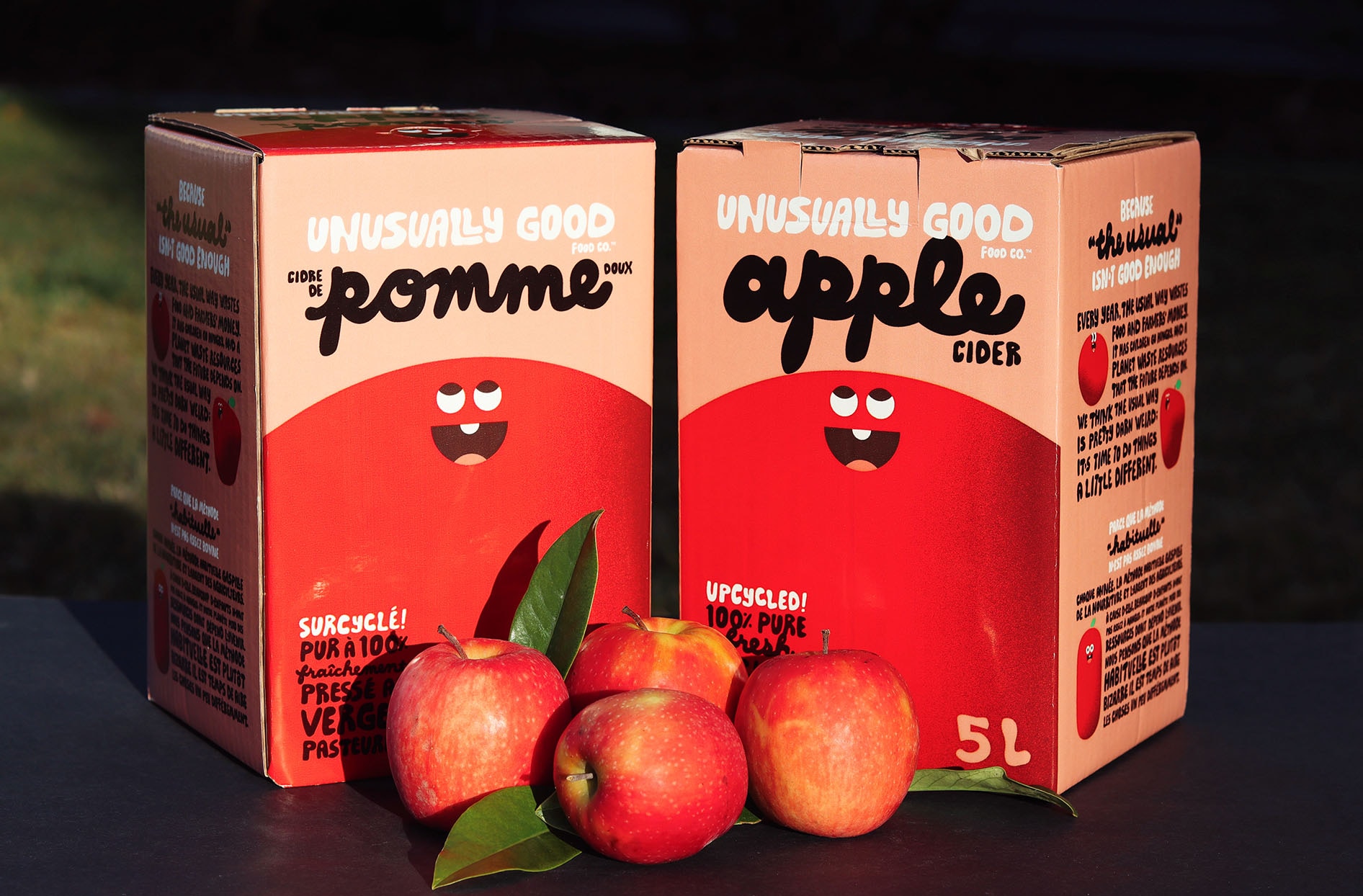 A picture of the Unusually Good Food co. Boxes of apple juice. 