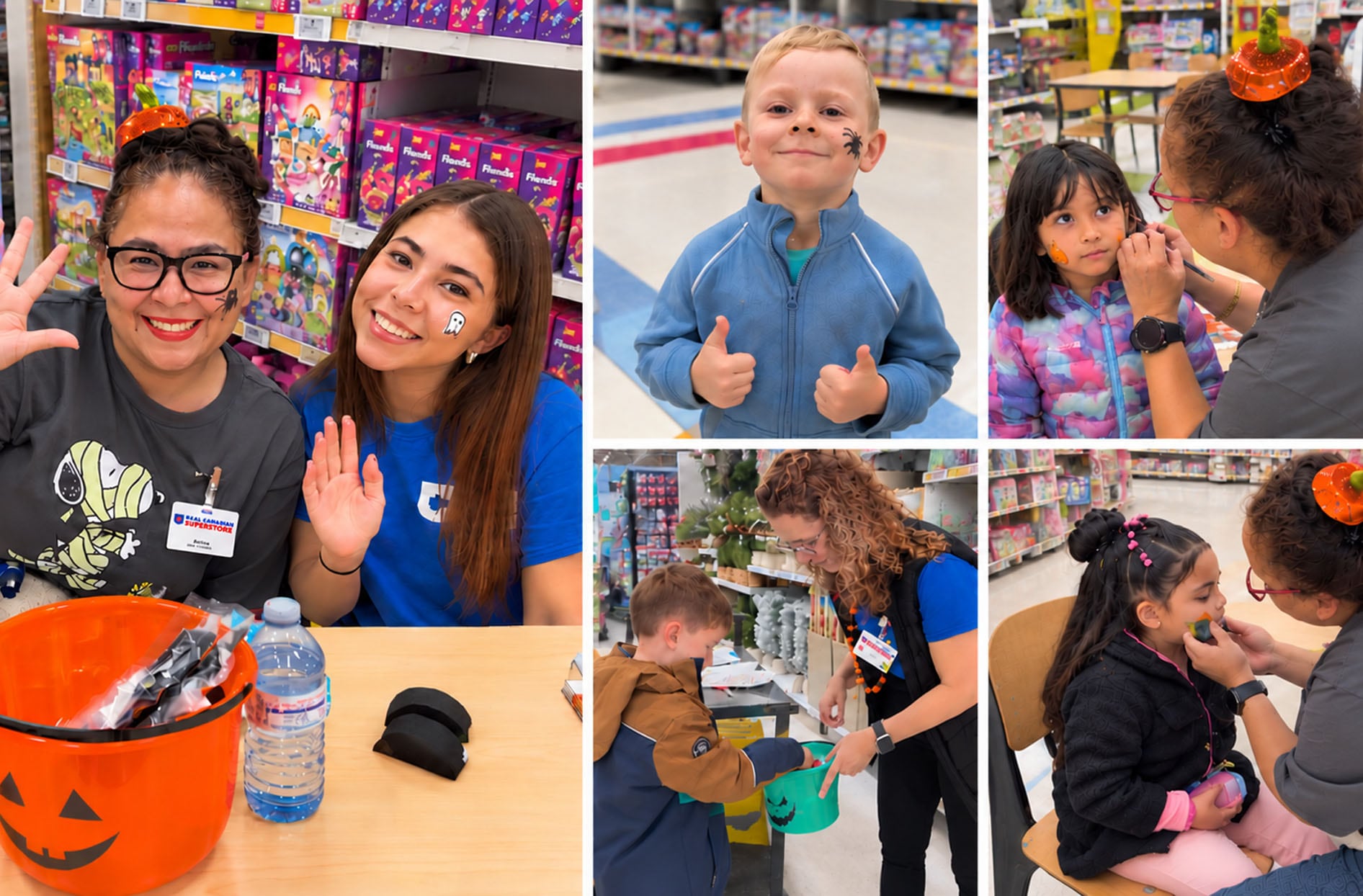 hoto collage of children participating in face painting and in-store trick-or-treating at the Real Canadian Superstore in Milton, Ontario.