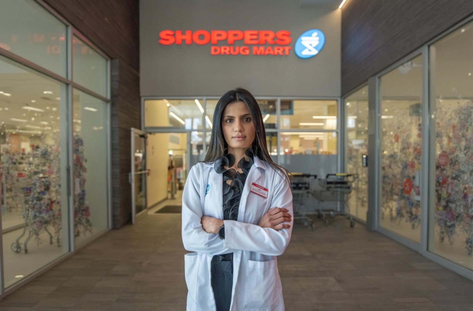 Vishranti stands with her arms crossed in front of her Shoppers Drug Mart location.