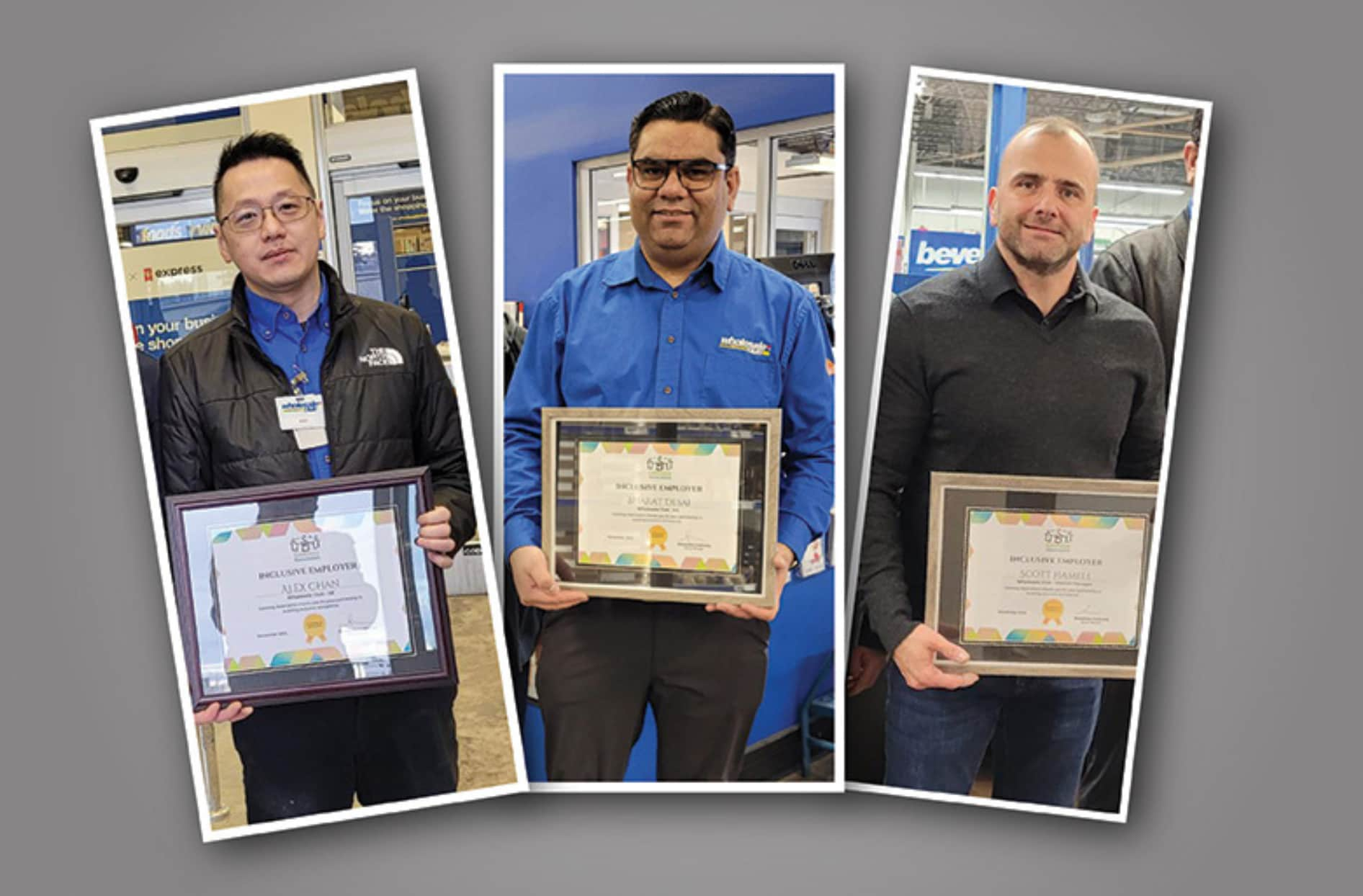 A photo collage of Bharat, Alex and District Manager Scott holding the award in their hands.  