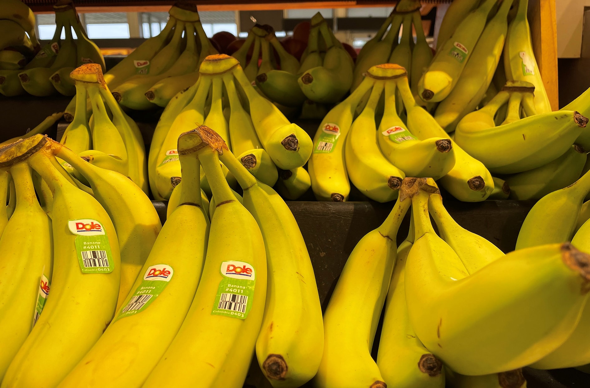  A bunch of bananas on a shelf in one of our grocery stores.