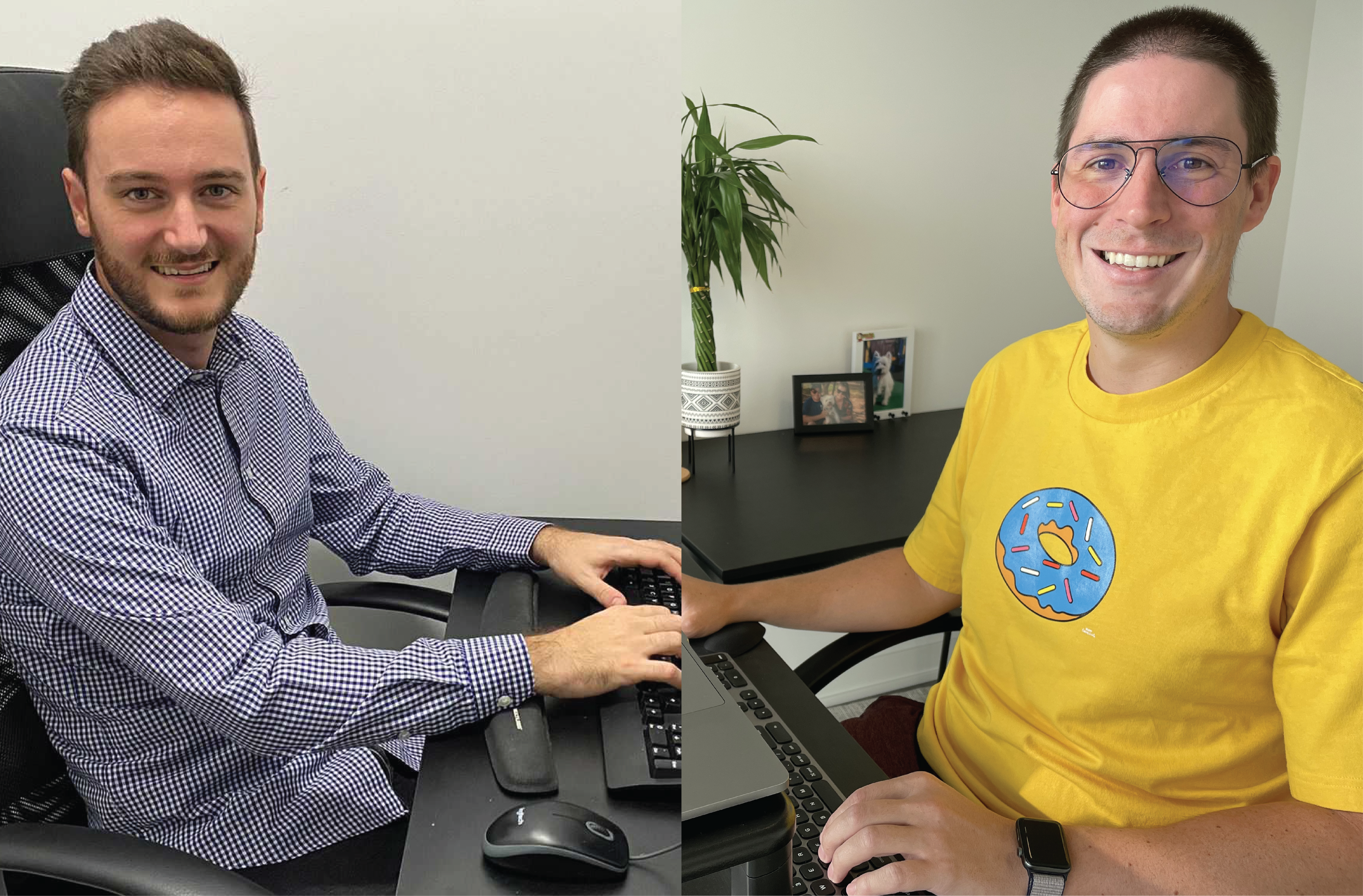 Luca et Tadeu, souriants, à leur poste de travail à domicile