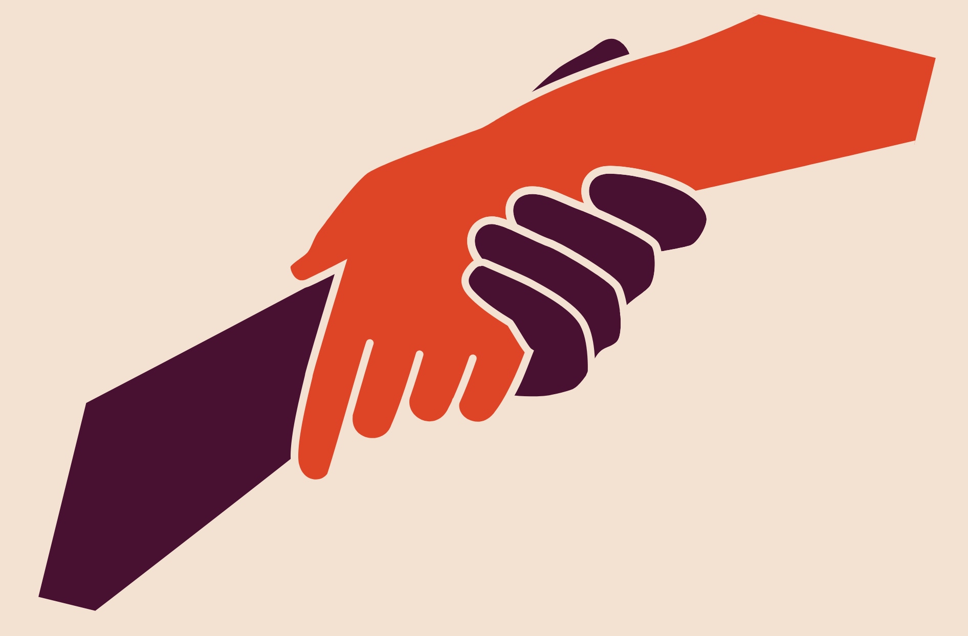 Illustration of an orange hand shaking a dark purple hand. 
