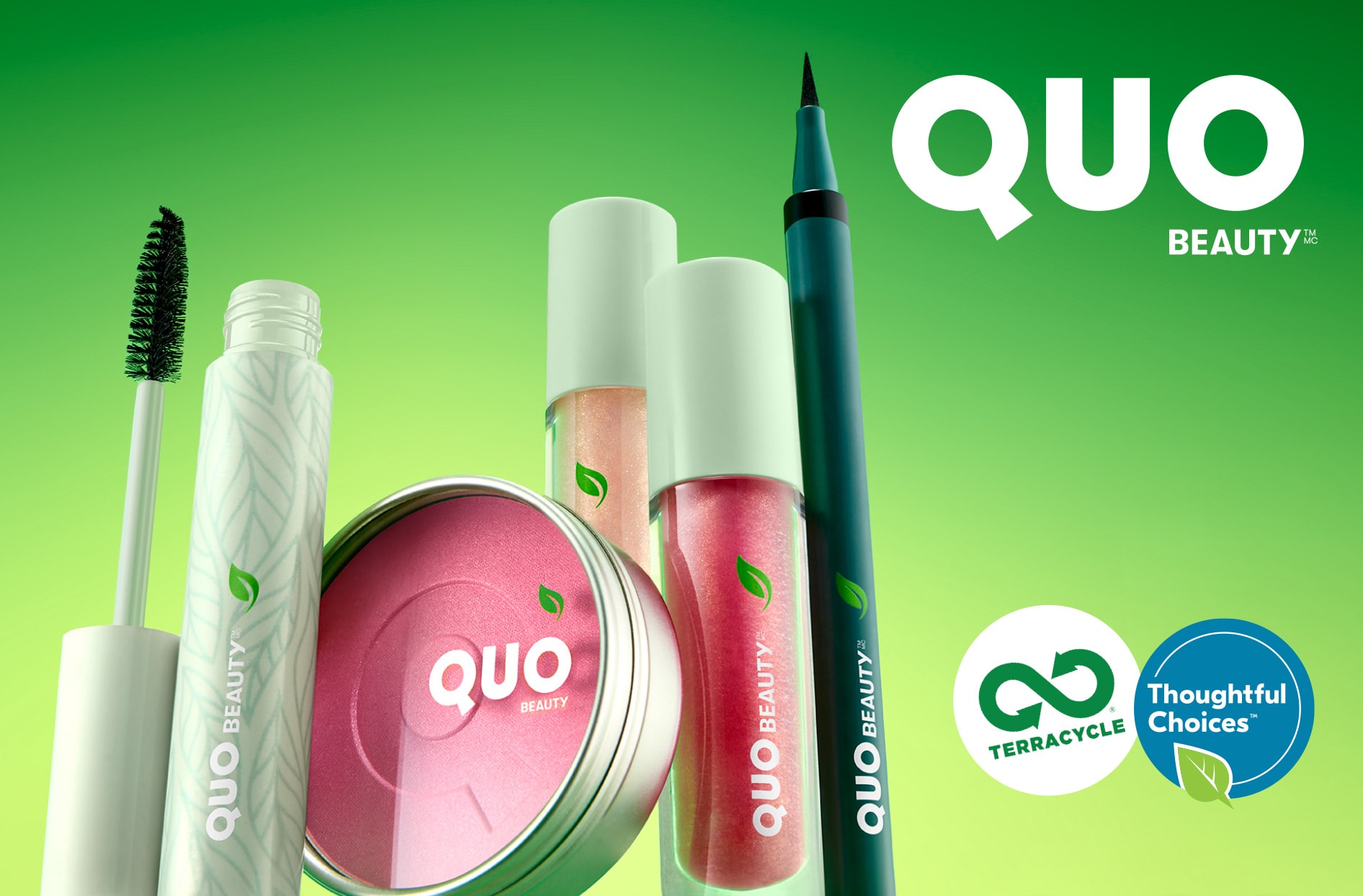 A photo of makeup products featured in Quo Beauty’s “Thoughtful Choices” collection.
