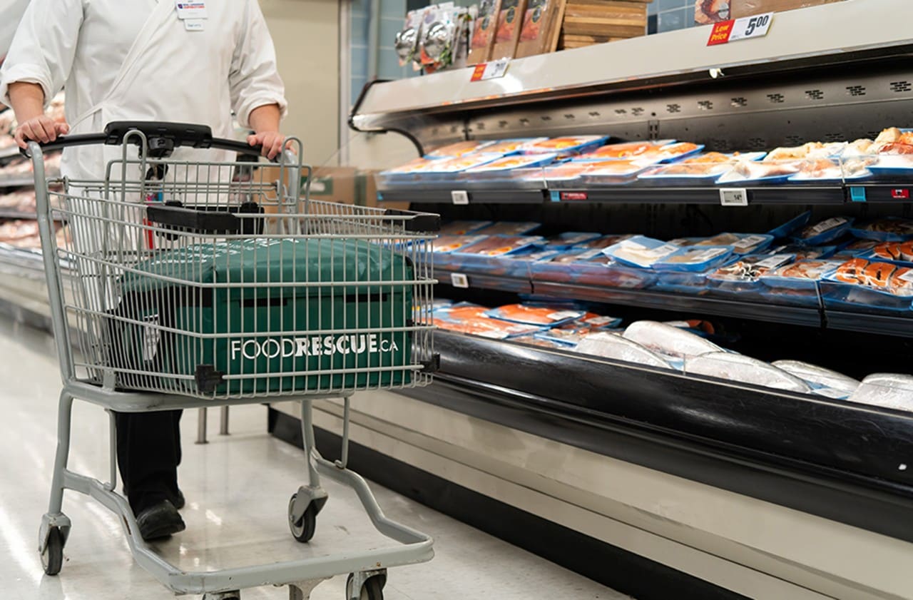 Gros plan d'un chariot d'épicerie avec un sac foodrescue.ca à l'intérieur dans une allée d'épicerie