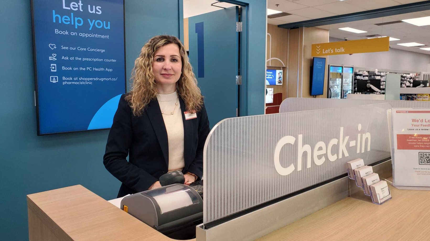 A Shoppers Drug Mart Pharmacy Care Clinic check-in desk in Canada