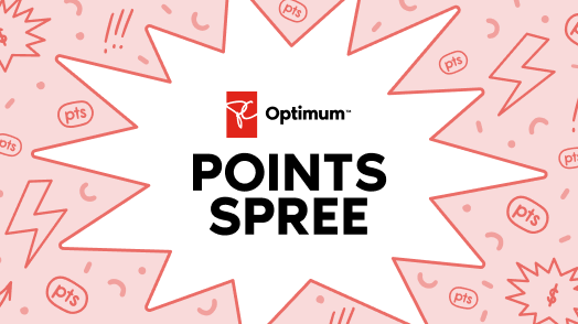 PC Optimum™ Points Spree logo on pink background with playful illustrations. 