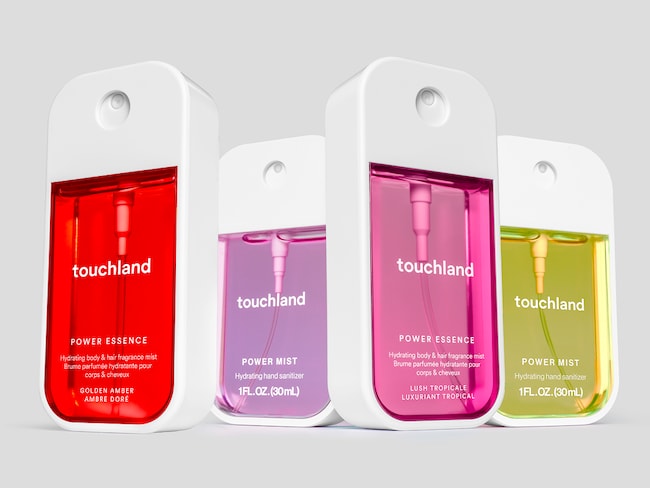 4 flacons Touchland : Power Essence Golden Amber, Power Mist Pure Lavender, Power Essence Lush Tropical, Power Mist Vanilla. 