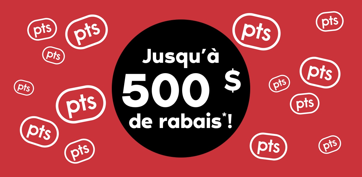 « Jusqu’à 500 $ de rabais » écrit dans un cercle noir sur un fond rouge, entouré de rondelles de points.