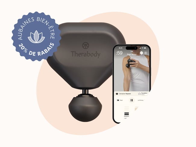 Theragun Mini Therabody sur une ellipse beige. Découvrez les Aubaines bien-être en ligne! 