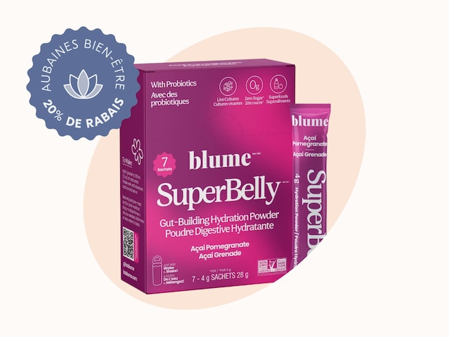 Des produits Blume sur une ellipse beige. Découvrez les Aubaines bien-être en ligne! 