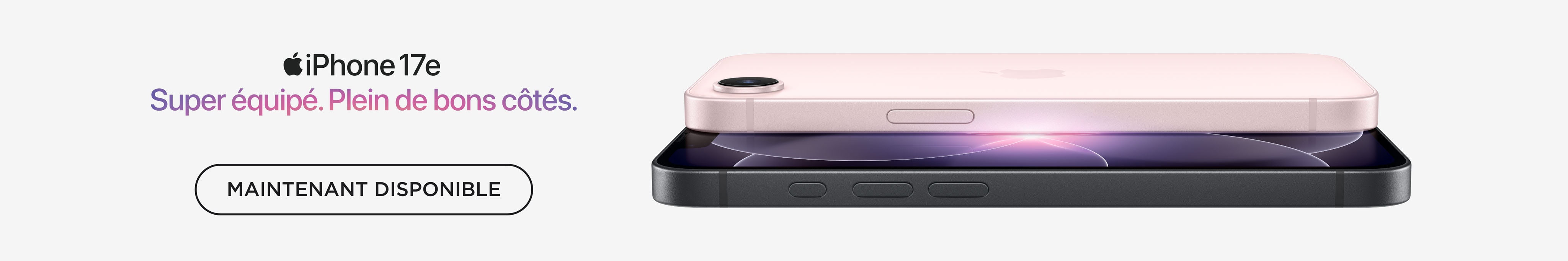 Logo officiel de l'iPhone 17e avec l'icône Apple au-dessus de la mention « Feature stacked, value packed » en caractères noirs, surmontant un iPhone 17e rose.