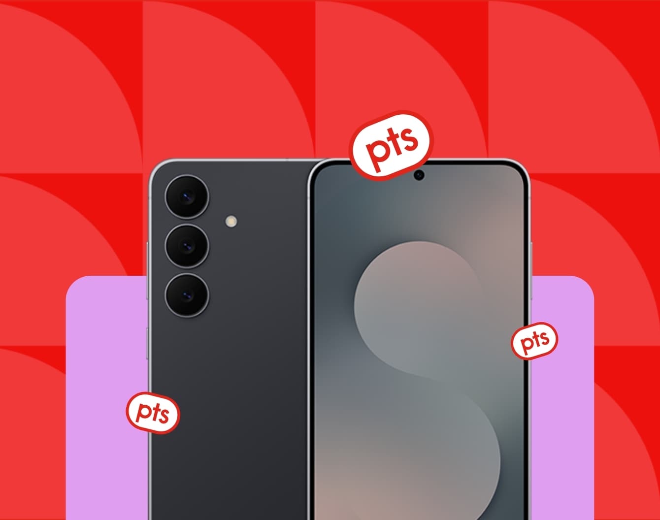 A silver smartphone on a purple rectangle surrounded by red PC Optimum points pucks